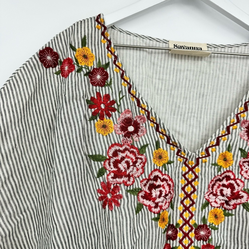 Savanna Jane Floral Embroidered Cotton Boxy Relaxed Striped Pullover Top Size 3X - Picture 3 of 8